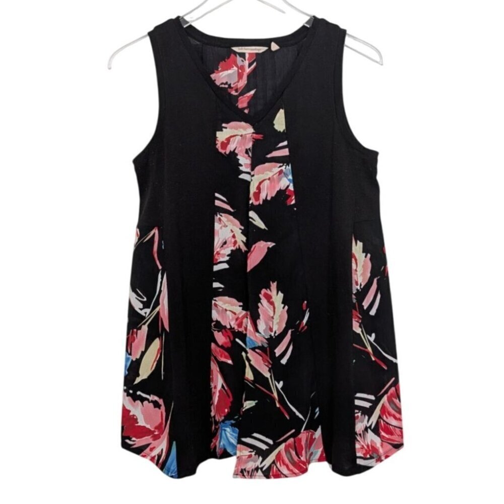 Soft Surroundings Floral Makani Tunic Womens Size Small Black Split Front Tank